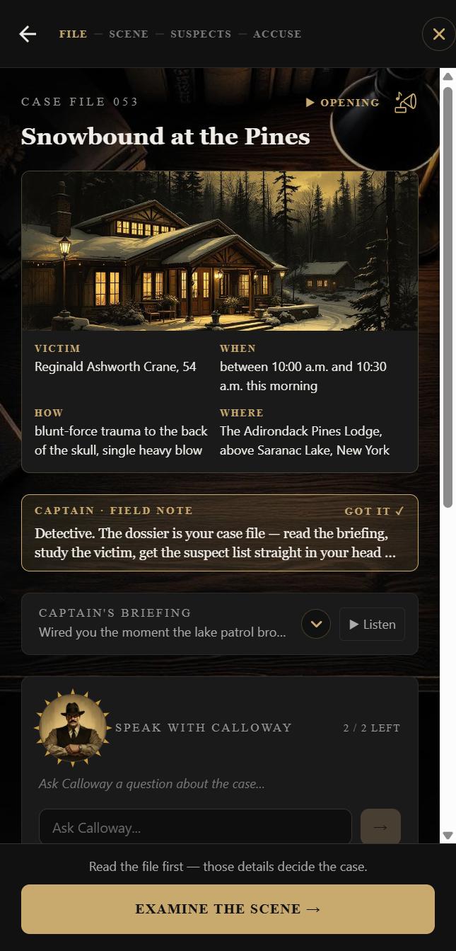 Open Verdict screenshot. The case file: victim, time, cause of death and the Captain's briefing.