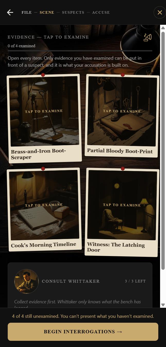 Open Verdict screenshot. The evidence board: pinned photos to examine before questioning anyone.