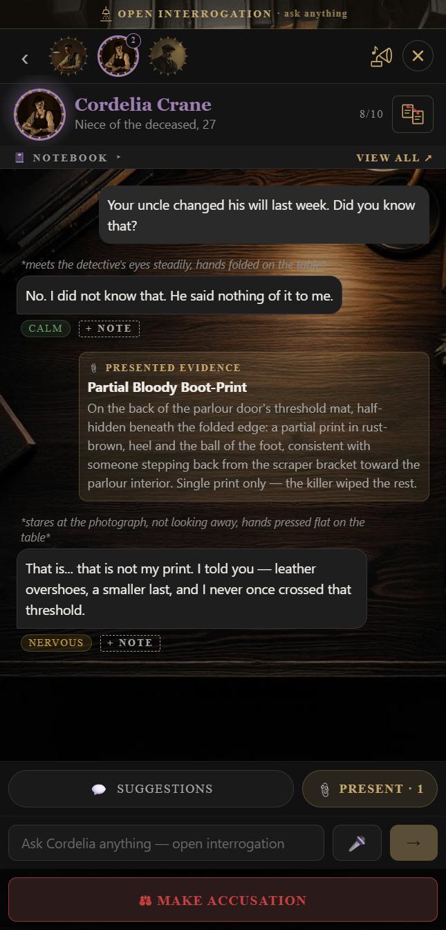 Open Verdict screenshot. Live interrogation: a typed question, a calm denial, then the evidence put on the table and a nervous answer.
